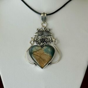 Stunning Heart Labradorite Pendant Statement Necklace Unique Peacock Framed